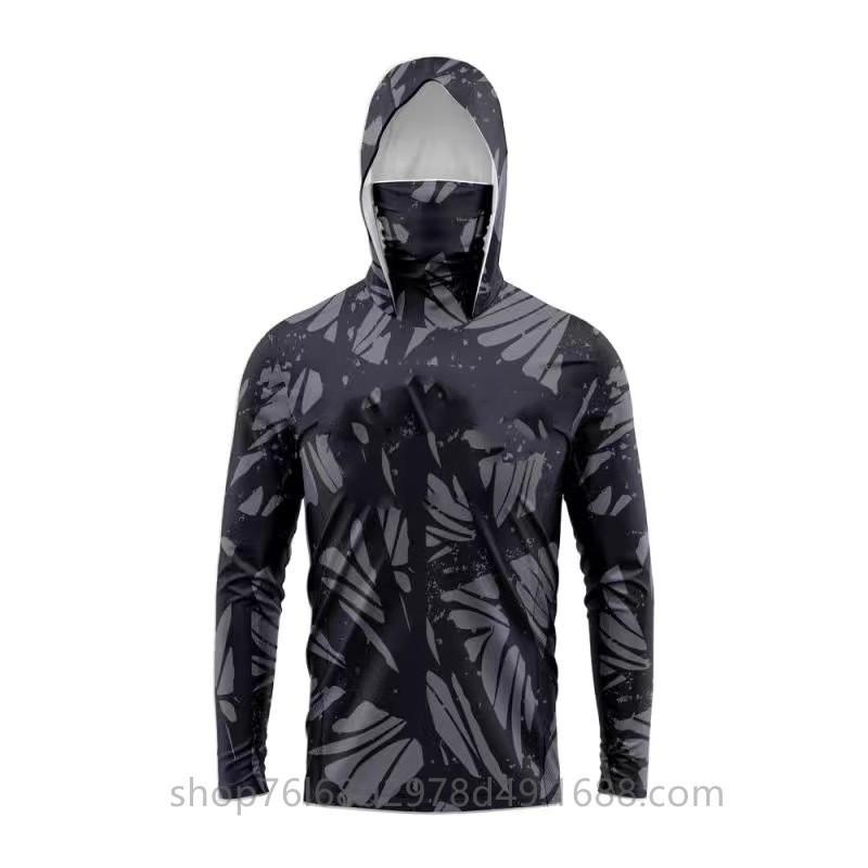 Mens Quick-Dry Ice Silk Fishing Long Sleeve Hooded Sun Protection Shirt With Integrated Face Cover Outdoor Casting