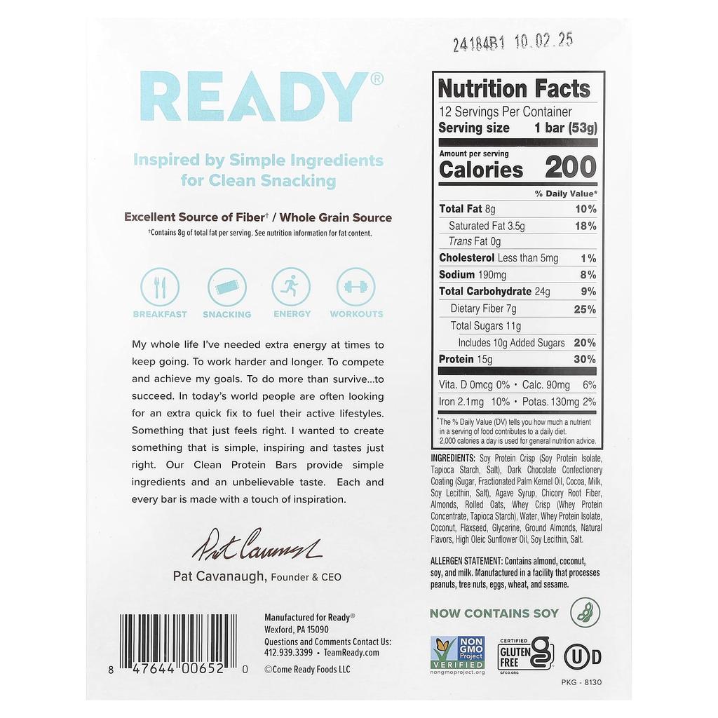 Clean Protein Bar, Dark Chocolate Coconut Almond, 12 Bars, 53G (1.87Oz) Each