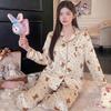 Japanese and Korean style floral bear girl pajamas spring and autumn silky ice silk loungewear cartoon long-sleeved two-piece set
