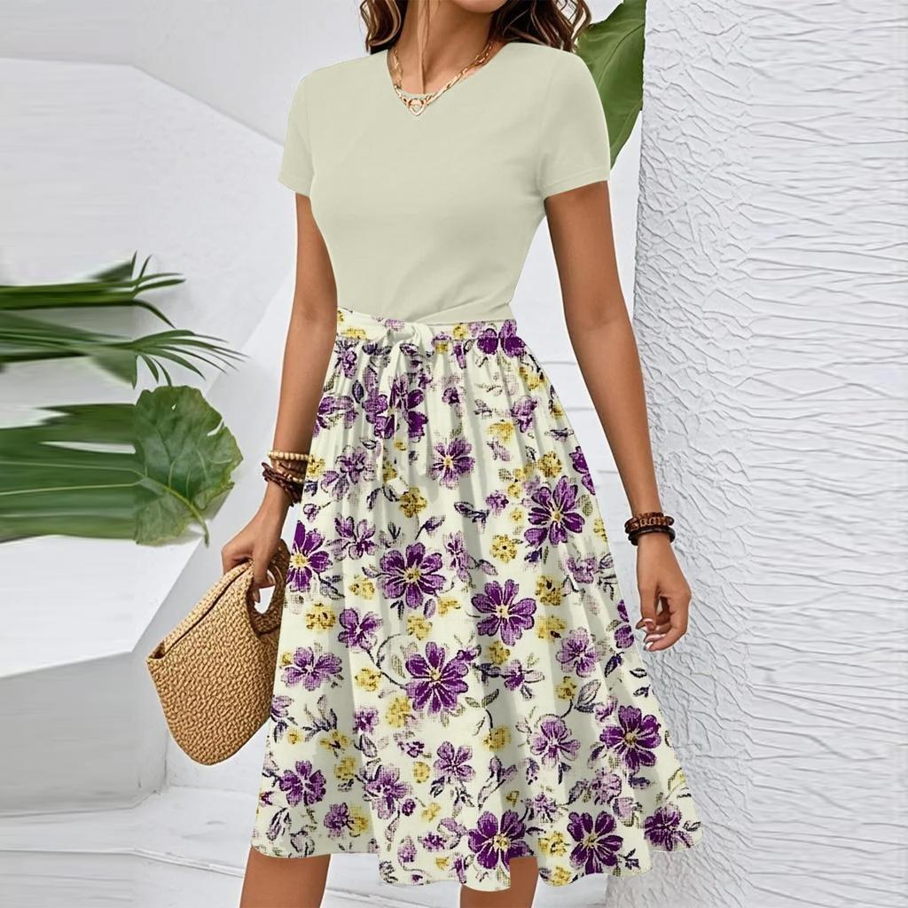 Women's Casual Fashion Belted Floral Print Short Sleeve Round Neck Elegant Dress