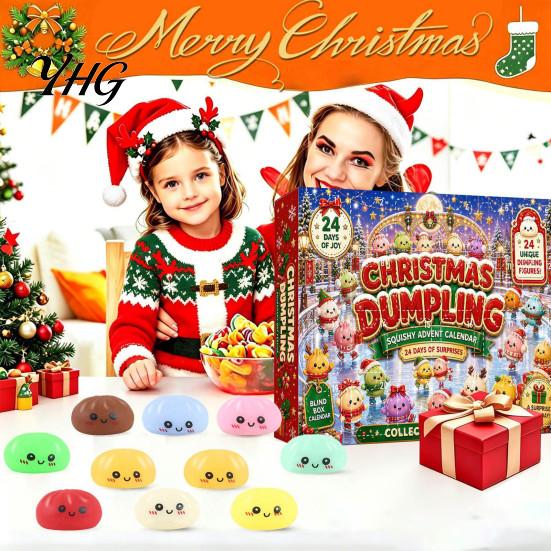 24 Days Countdown Box Christmas Cartoon Dumpling Gift Box, Xmas Advent Calendar with Stress Steamed Bun Toy Relief Squeeze Toys,