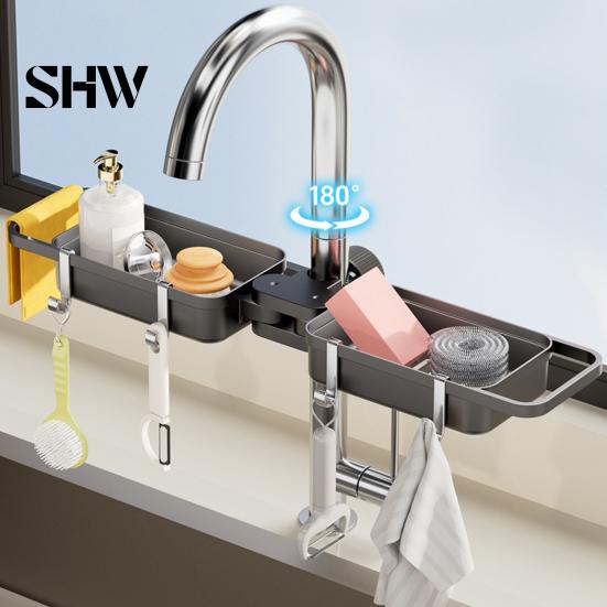 No Drill Sink Organizer Kitchen Faucet Double Storage Rack, Adjustable Partitioned Space Saving Multifunctional Drain Sponge Holder, Quick Install for