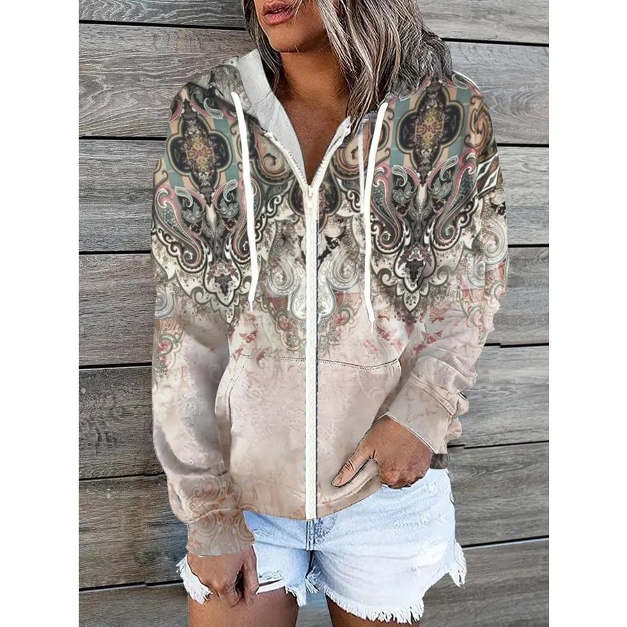 Winter Printed Hooded Sweatshirt Sportwear Coat for Women Zipper Down 3D Pocket Hoodies Autumn Women's Clothing