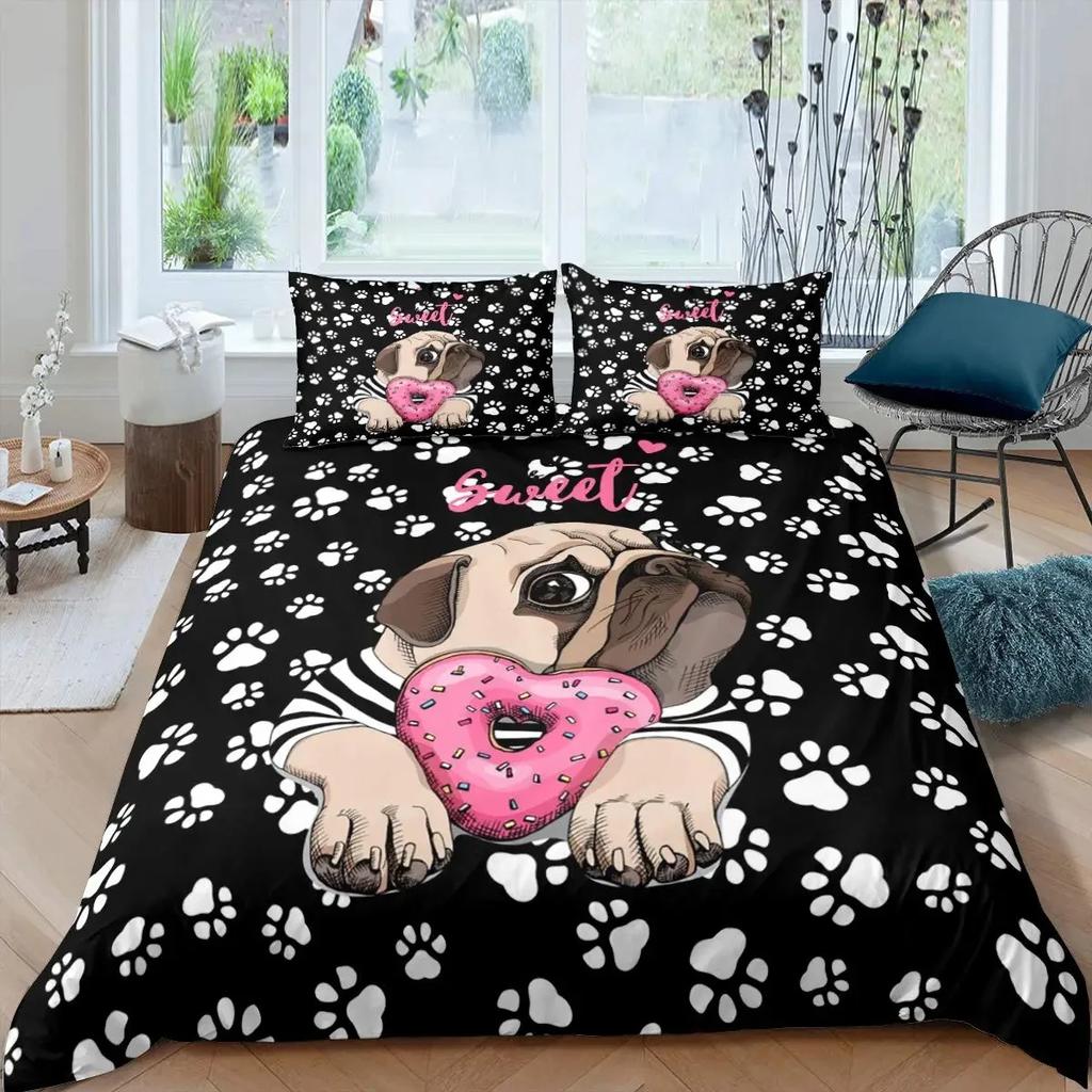 Cartoon Pug Dog Duvet Cover Set Comforter Cover Soft Bedding Set Full Size for Boys Girls Bedroom 2/3 Pieces with Pillow Shams