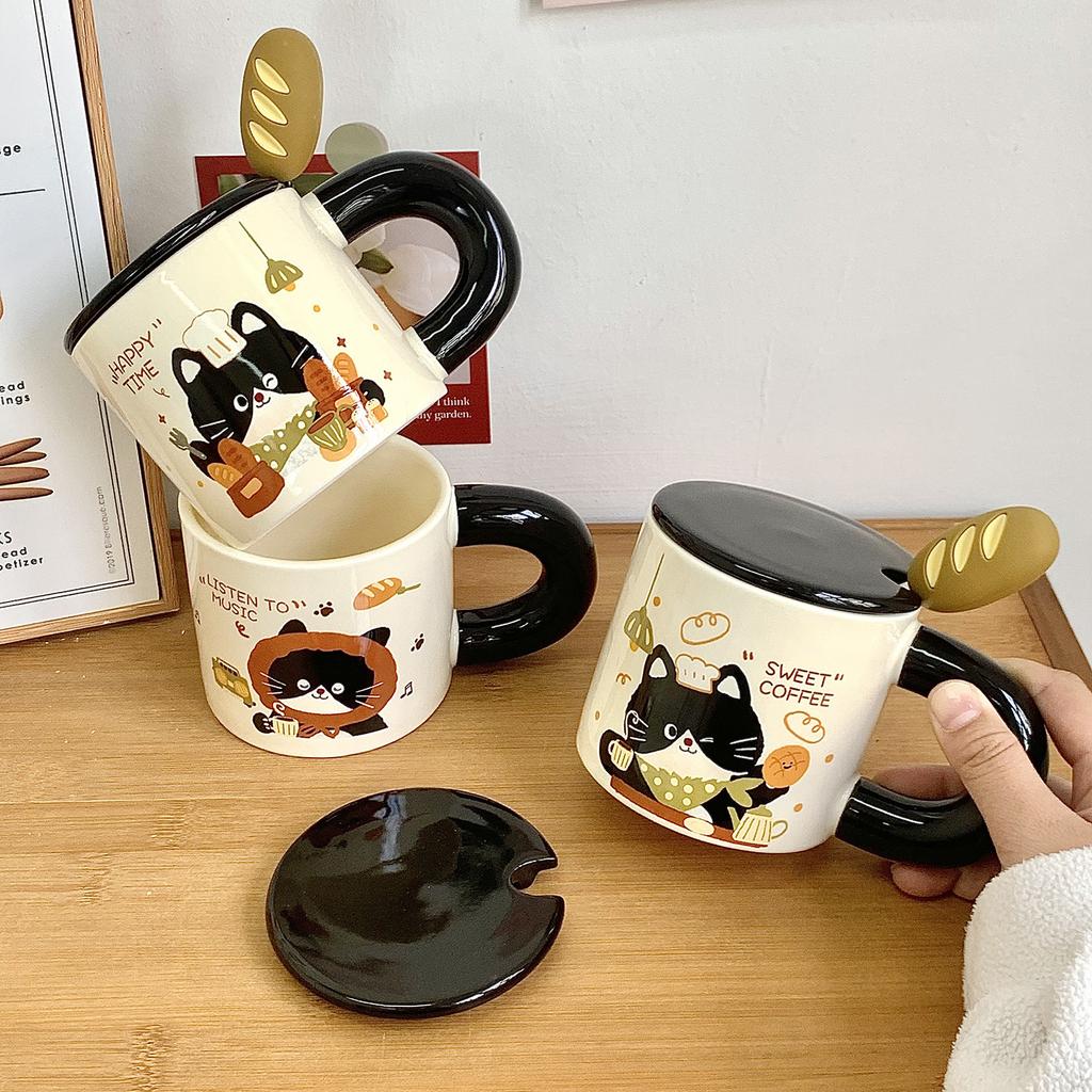 Кружка-котенок с крышкой и ложкой, большая керамическая чашка для девочек, офисная чашка для воды, чашка для кофе, чашка для завтрака, для мужчин