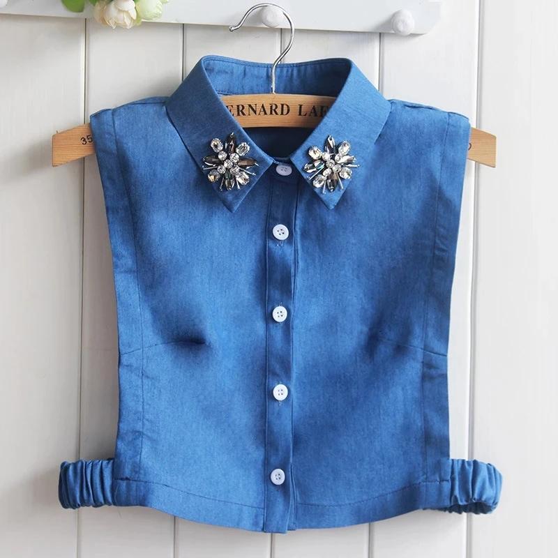 Fashion Denim Blue Women Fake Collar Shirt Detachable Collar Female False Collar Solid Shirt Lapel Blouse Top Men Women