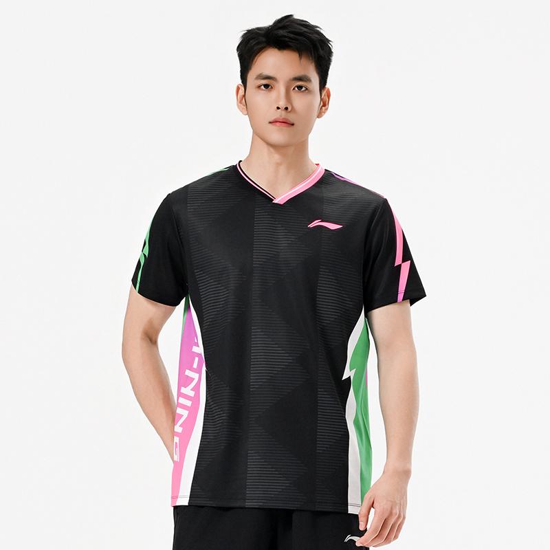 Li-Ning Соревновательная футболка для бадминтона Быстросохнущая Дышащая Двухцветная V-образный вырез Молния Цветной Короткий рукав Унисекс топ AAYW059-1