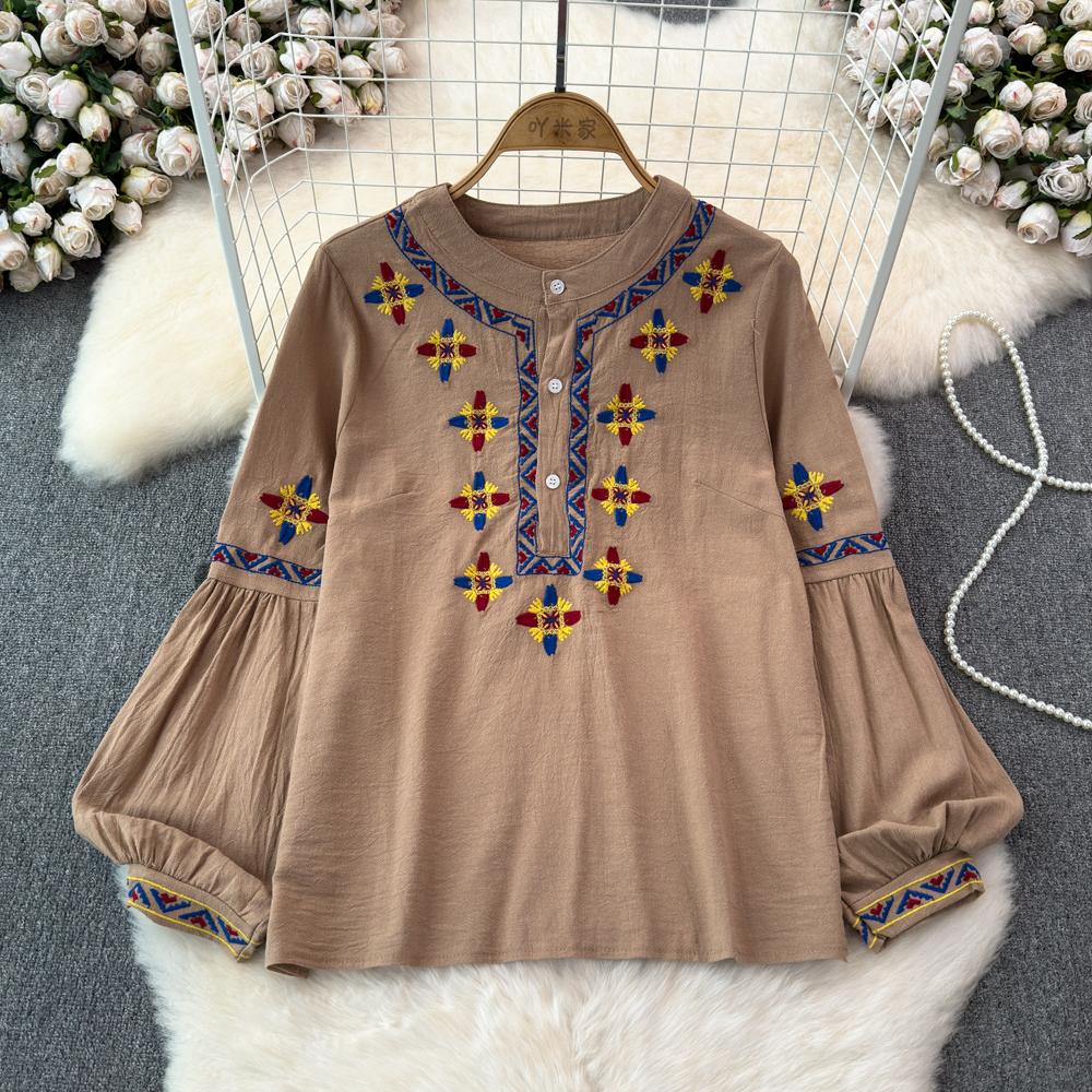 Женская блузка в этническом стиле с круглым вырезом и вышитыми рукавами-фонариками в стиле ретро, летние женские топы с цветными блоками