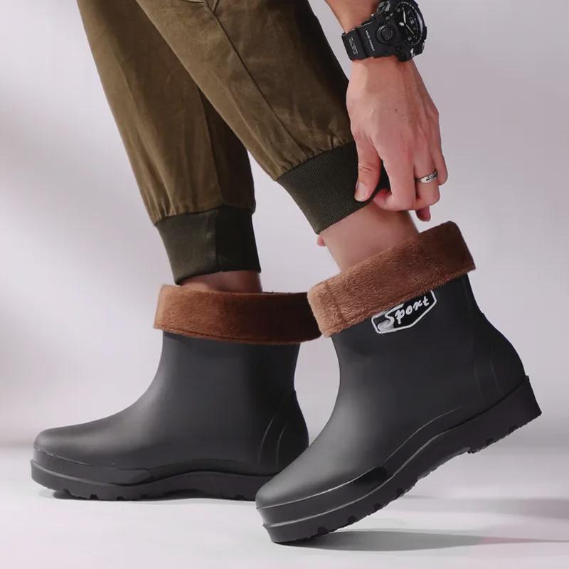 Мужские короткие модные резиновые сапоги - светоотражающие, водонепроницаемые, с эластичной резинкой, черные резиновые туфли