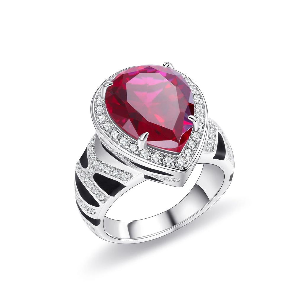 New European and American Style Large Carat Gemstone Ring S925 Sterling Silver Pear-shaped Red Sapphire Crystal Snake Pattern Ring for Men and Women