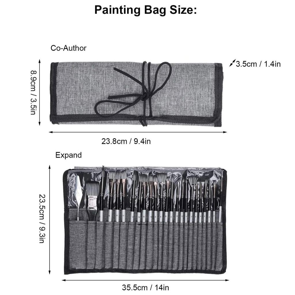 Набор кистей из 24 штук: Холщовый рулон для переноски с серебристо-серыми нейлоновыми ручками для живописи гуашью и акварелью