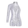 Girls Sparkly Sequin Gymnastics Leotard One Shoulder Long Sleeve Bodysuit with Hair Tie Jazz Dancewear