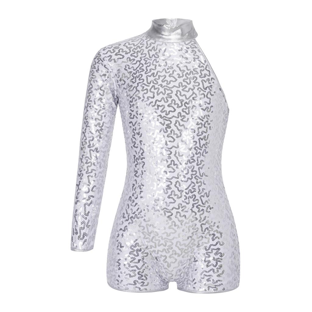 Girls Sparkly Sequin Gymnastics Leotard One Shoulder Long Sleeve Bodysuit with Hair Tie Jazz Dancewear