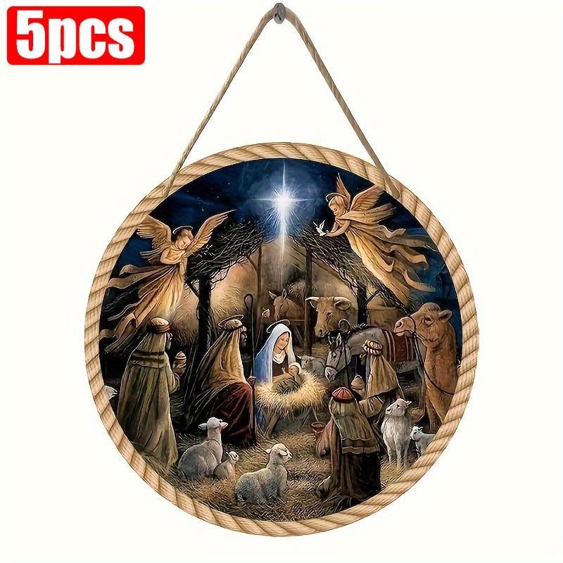 5 шт. классического Рождественского вертепа, деревянная настенная живопись, 8x8 дюймов - религиозный праздничный декор для дома, ресторана и кафе, универсальная подвесная табличка