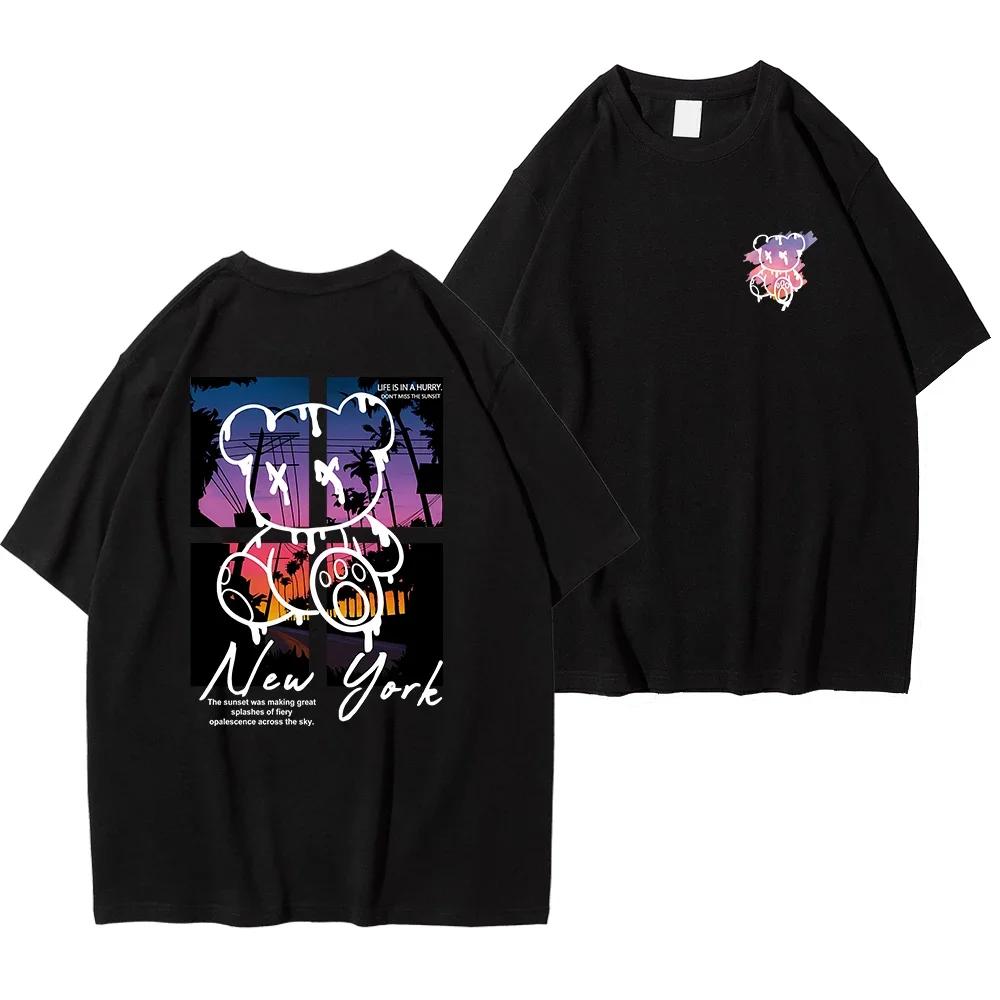 New York Art Word Cartoon Bear Sunset Scenery Design T Shirts Unisex Fashion Loose Summer Oversized Harajuku Redtube