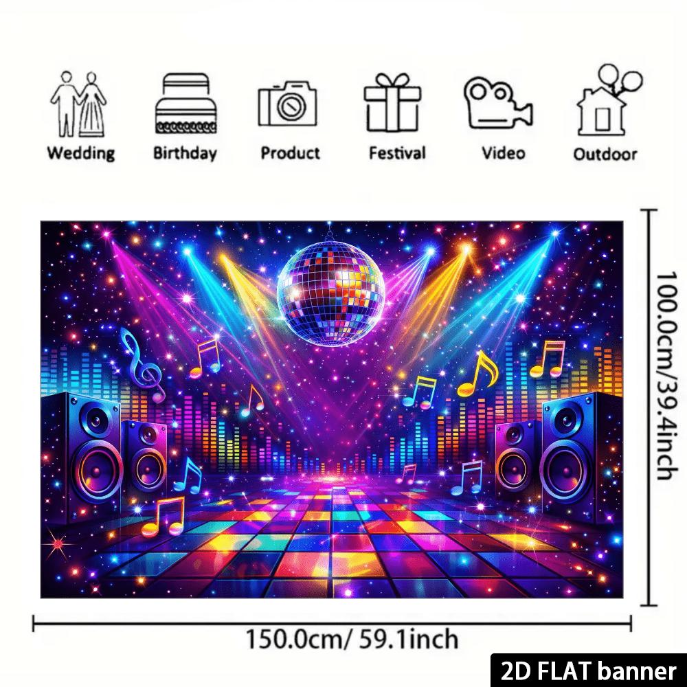 2D flat disco music background mirrored ball and rainbow dance floor elements balanced note decoration
