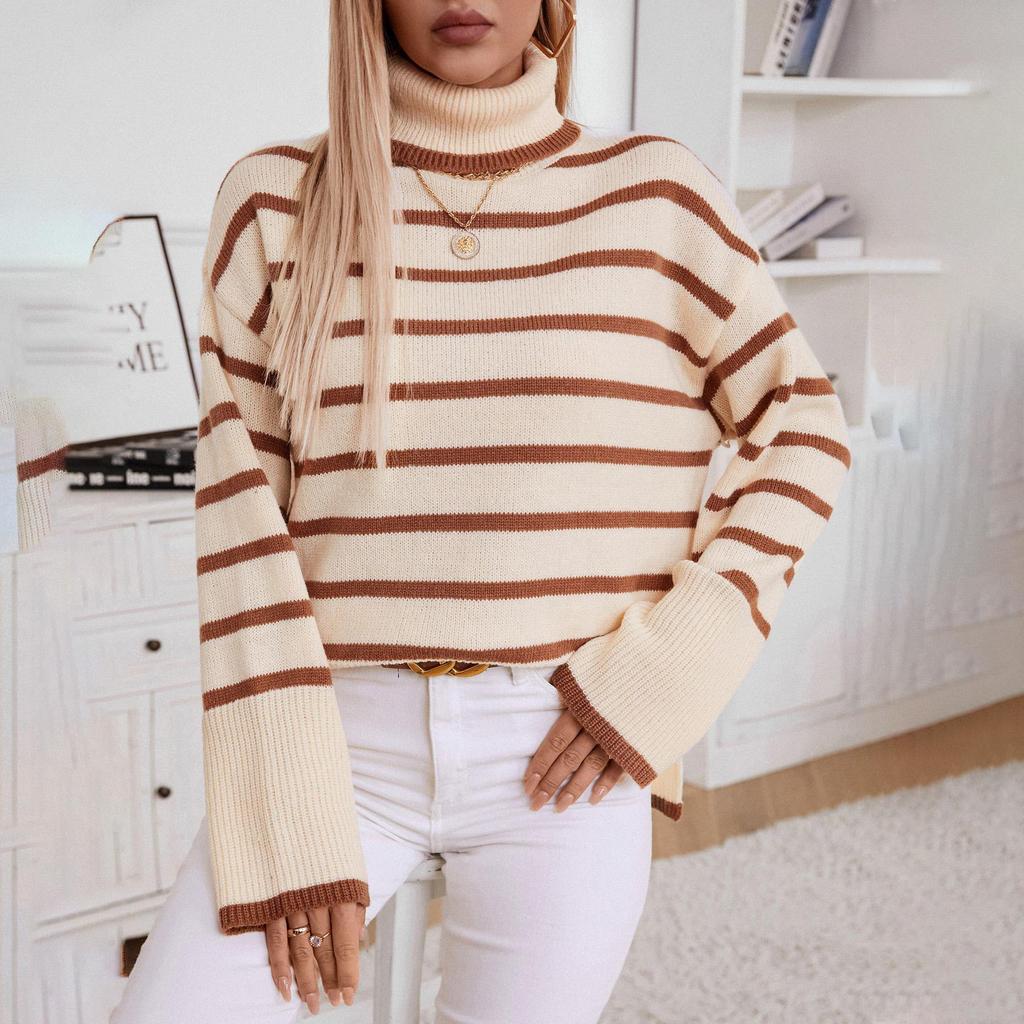 Женский полосатый свитер с высоким воротом, повседневный, толстый, термос, темпераментный, для поездок на работу, осенний, новый, женский, модный, свободный, вязаный, пуловеры