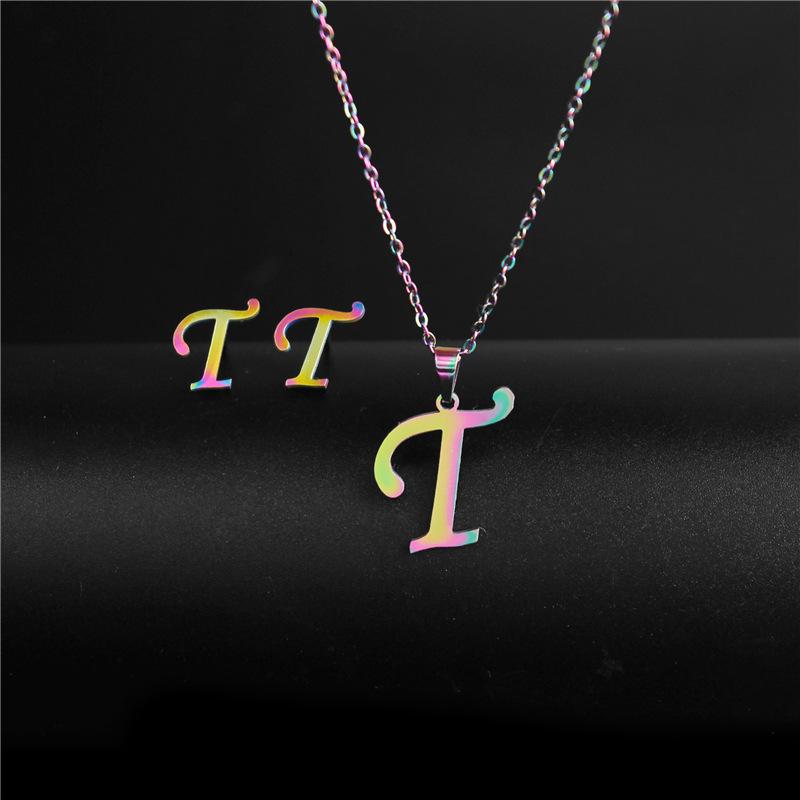 RUI RUI YU 26 Letter Colorful Stainless Steel Jewelry Sets for Women Men Alphabet Initial Chain Pendant Necklace Earrings Kids Gift