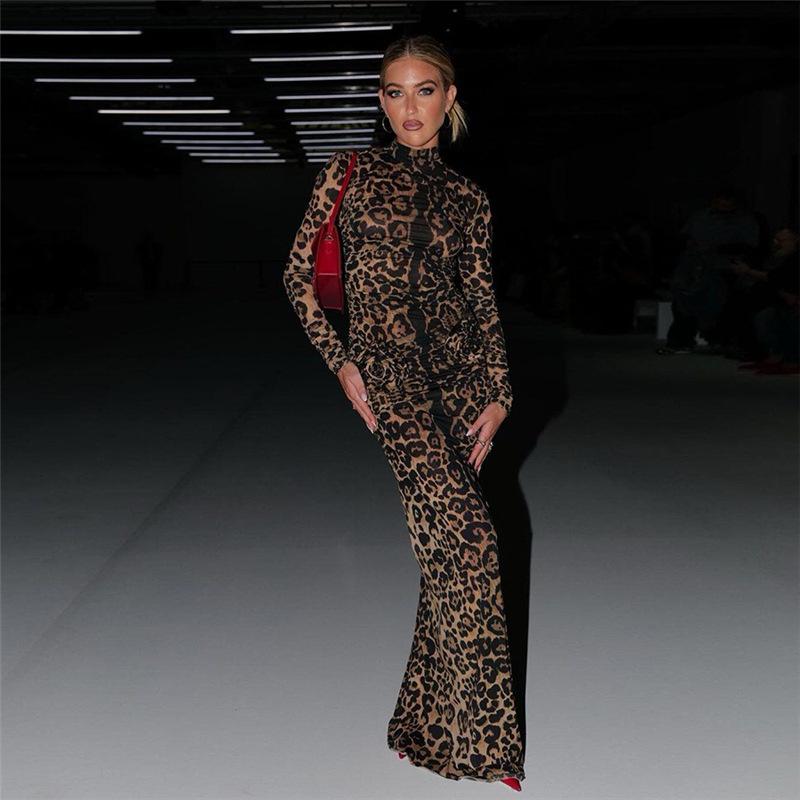Женское сексуальное длинное платье с леопардовым принтом и длинными рукавами