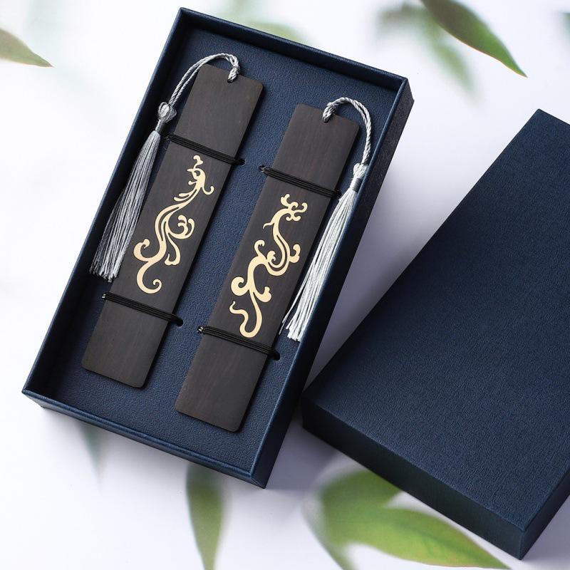 Dragon & Phoenix Auspicious Bookmark Set: Purple Sandalwood & Boxwood Cultural Gift