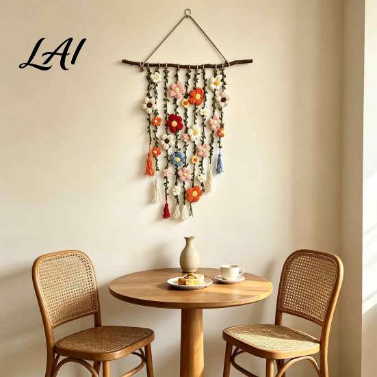Bohemian Living Room Decor Crochet Flower Garden Wall Hanging Colorful Knitted Tapestry Handmade Boho Handwoven Farmhouse Art for Bedroom