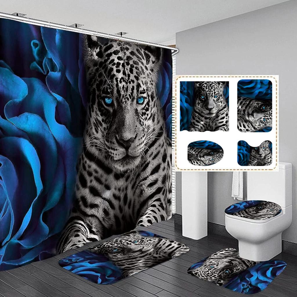 4pcs Set Doormat Shower Curtain with Non-Slip Rugs Toilet Seat Cover Bath Carpet Durable Waterproof Bathroom Home Entrance Decor
