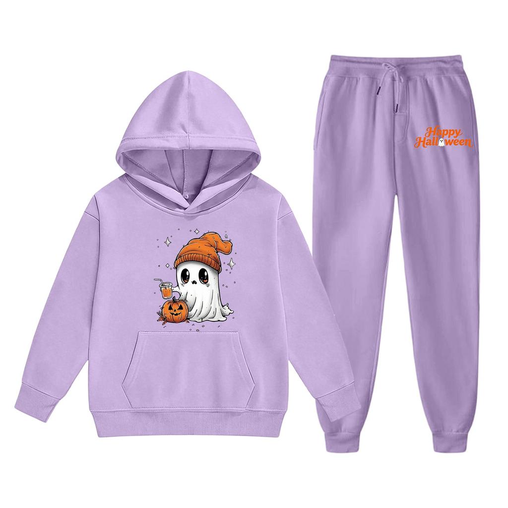Kids Halloween Hoodie and Sweatpants Set Ghost Pumpkin Print Hooded Sweatshirt and Matching Bottoms Comfortable Fit for Boys and Girls
