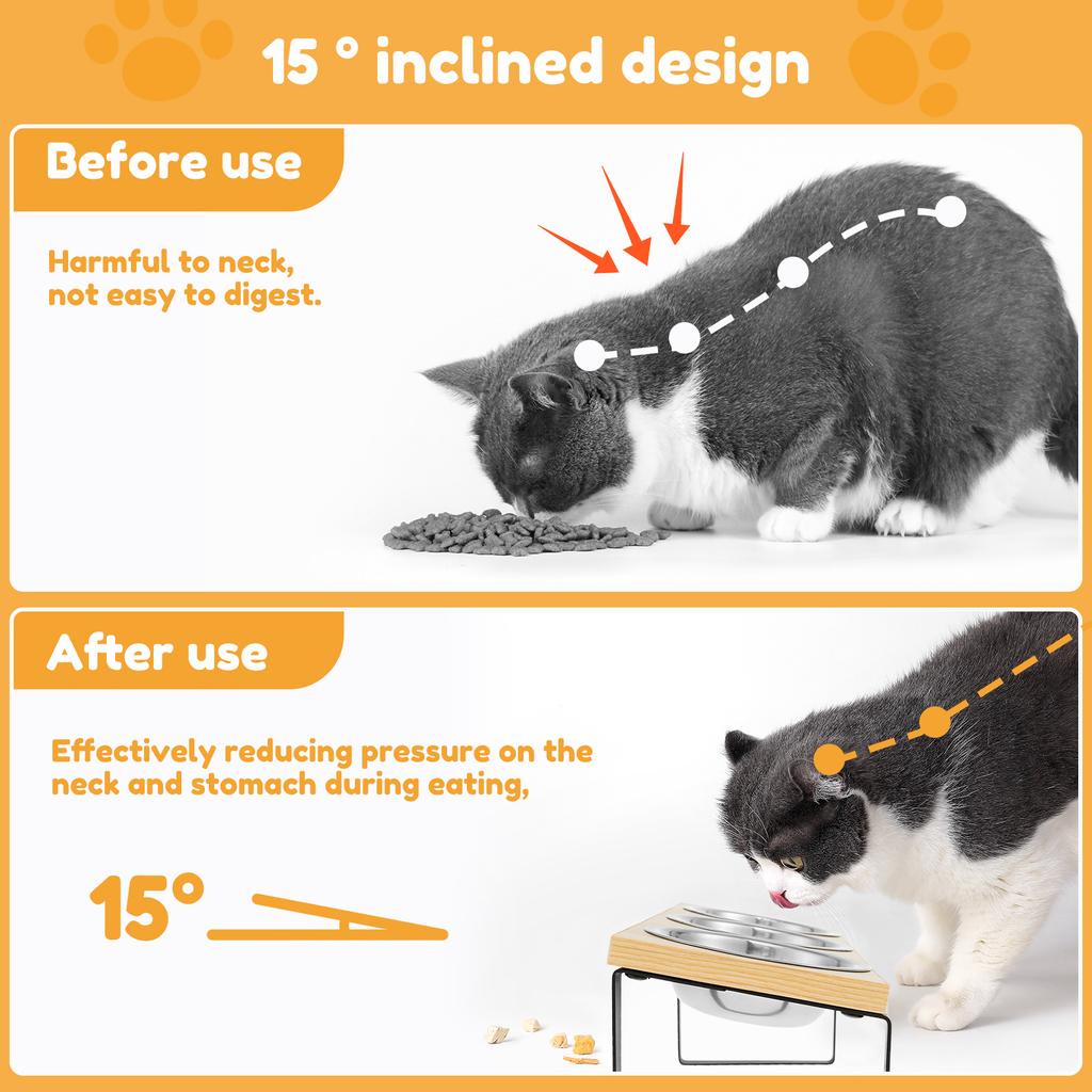 Приподнятые миски для кошек с наклоном 15°, деревянная кормушка для домашних животных с 3 мисками из нержавеющей стали, непротекающая миска для еды и воды для щенков и кошек