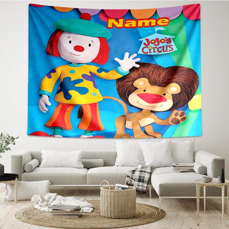 Custom Name JoJo's Circus Print Tapestry, Backdrop, Easy Setup, Ideal for Bedroom, Office & Living Room, with Aesthetic Wall Hanging Decor.