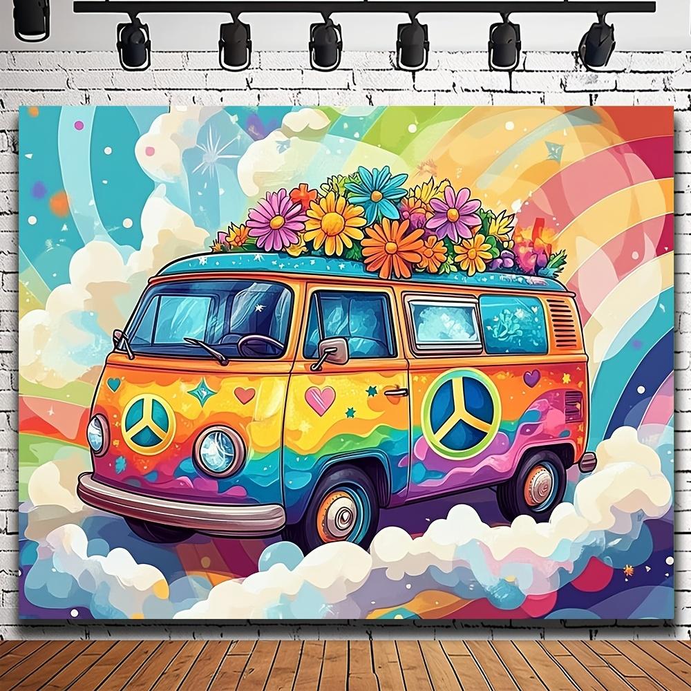 Psychedelic hippie bus and daisy retro party backdrop - multi-functional polyester fabric birthday party decoration