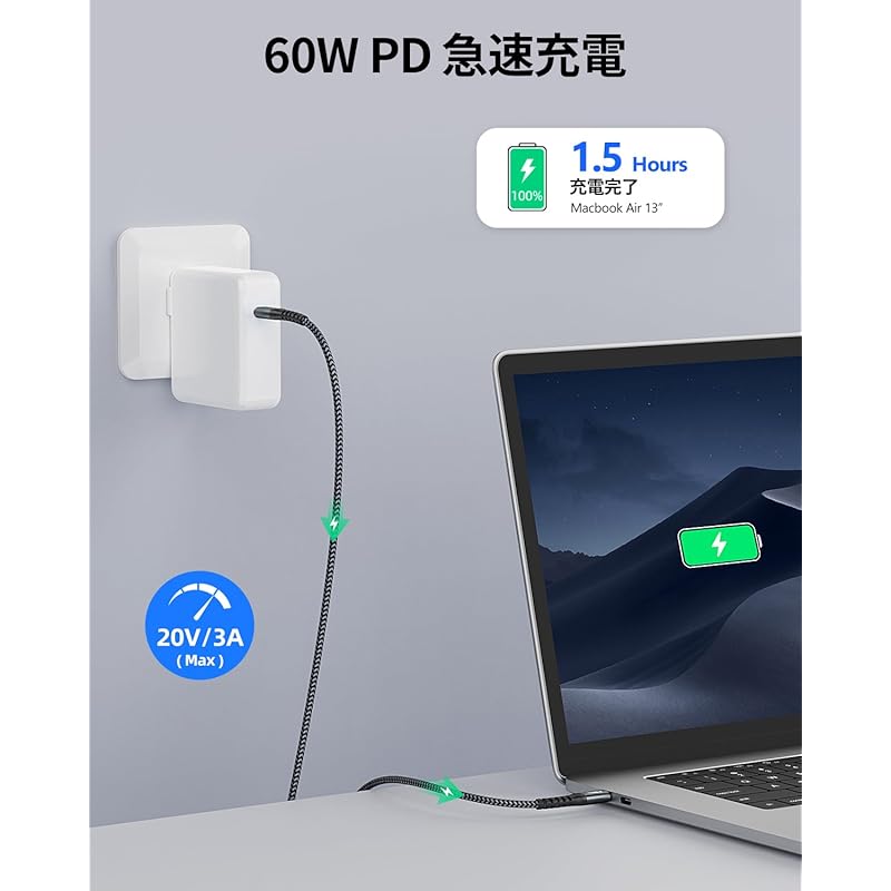 Кабель SUNGUY USB Type C длиной 1 м [комплект из 2 шт.] Совместимость с PD, быстрая зарядка мощностью 60 Вт, передача данных через порт USB 2.0 для iPhone 16/15 серии Galaxy S24/iPad Pro/iPad air/MacBook