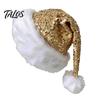 Sequin Christmas Hat for Adults Sparkly Santa Women Men, Glitter with White Fluffy Trim Reusable Cap Stage Performance And Pom Pom, Holiday