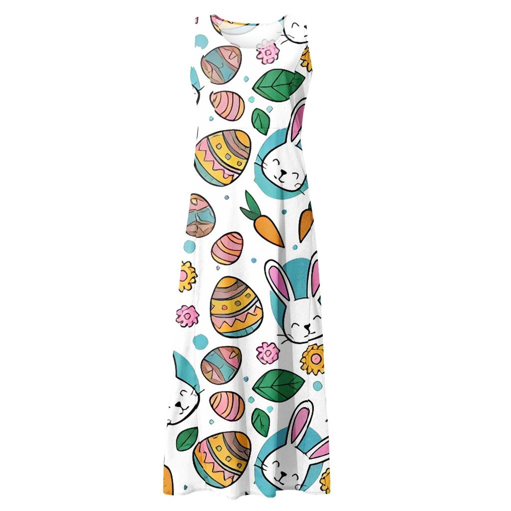 Women's Summer Casual Fashion Easter Printed Sleeveless Round Neck Pocket Dress