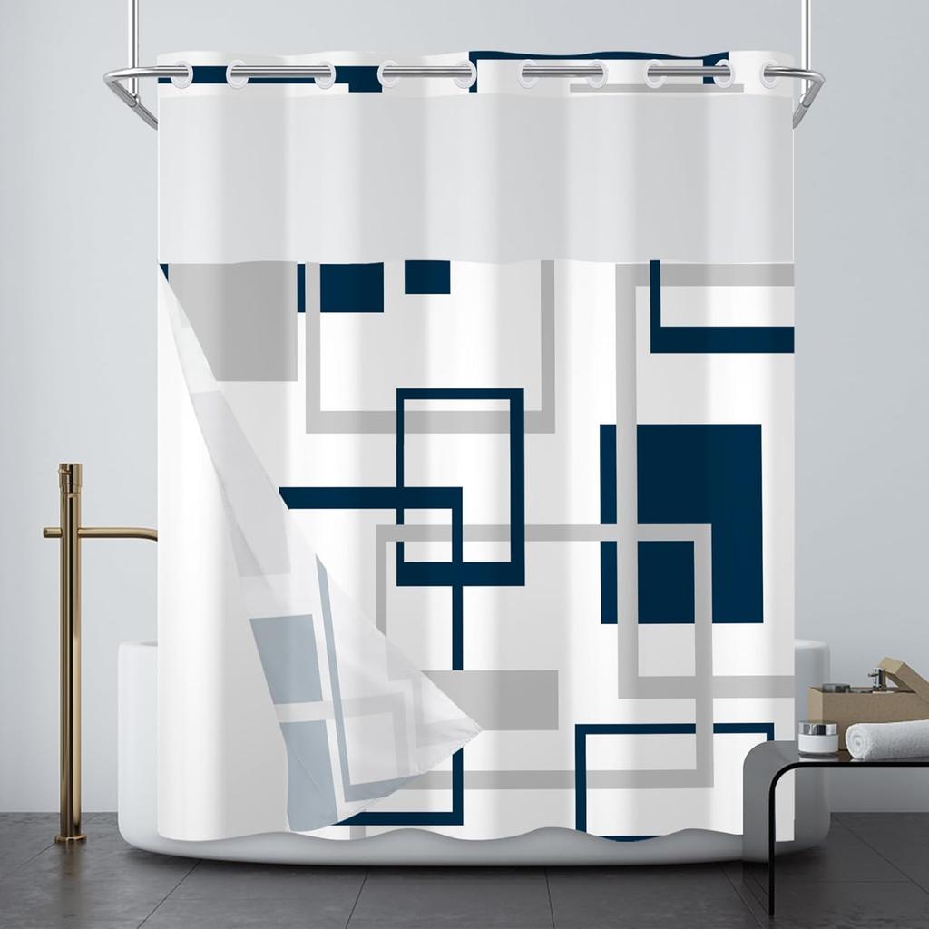 No Hooks Needed Blue Marble Shower Curtain Set with Snap-in Liner, Modern Abstract Shower Curtains for Luxury Hotel Grade Spa-Like Bathroom Decor