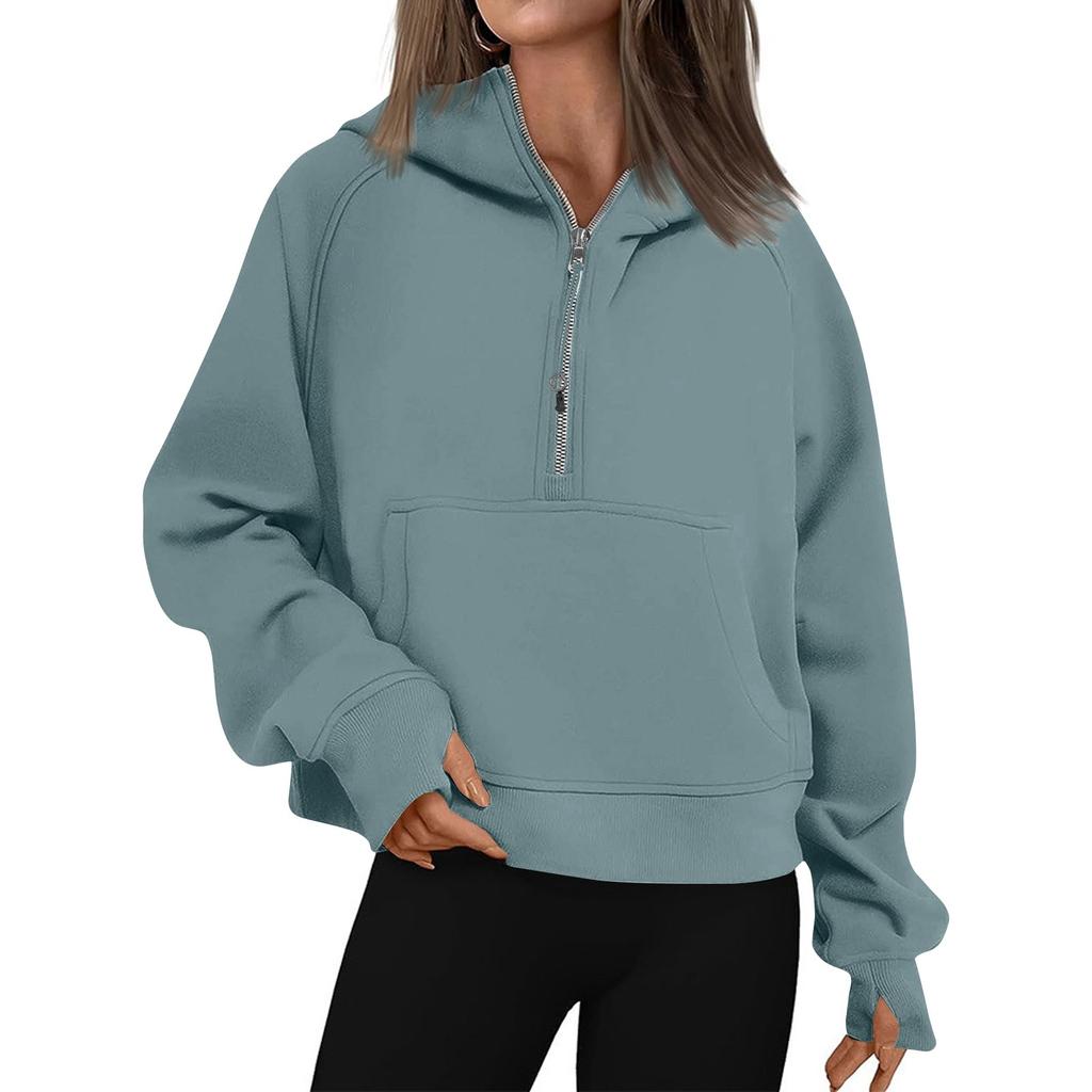 Women’s Hoodies Solid Color Loose Short Half Zip Pockets Thumb Hole Long Sleeve Pullover Sweatshirts