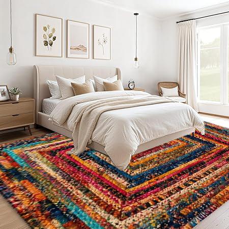 Colorful Spiral Patchwork Boho Area Rug Multicolor Hand‑Made Style Non‑Slip Carpet for Home Living Room Decor