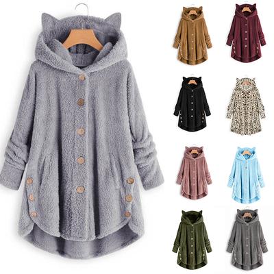 С капюшоном однотонное пальто на пуговицах для женщин с нерегулярными кошачьими ушками, плюшевый топ