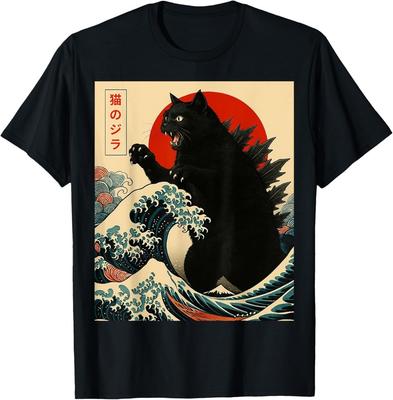 Catzilla Кот Японское Искусство Смешные Подарки с Котами Для Мужчин Женщин Детей Унисекс Футболка