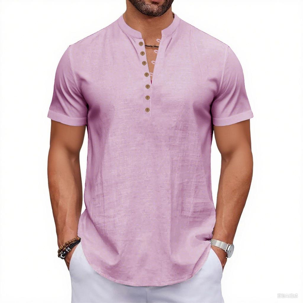 Мужская повседневная футболка-henley из хлопка и льна с короткими рукавами