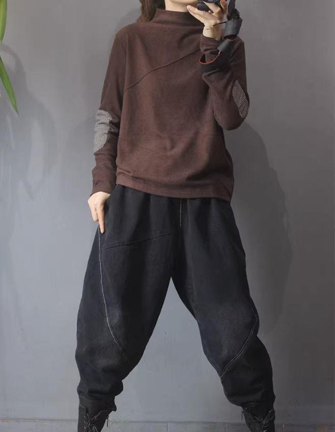 Женский этнический пуловер из флиса с пэчворком - Воротник-стойка, Осень/Зима, Свободный крой