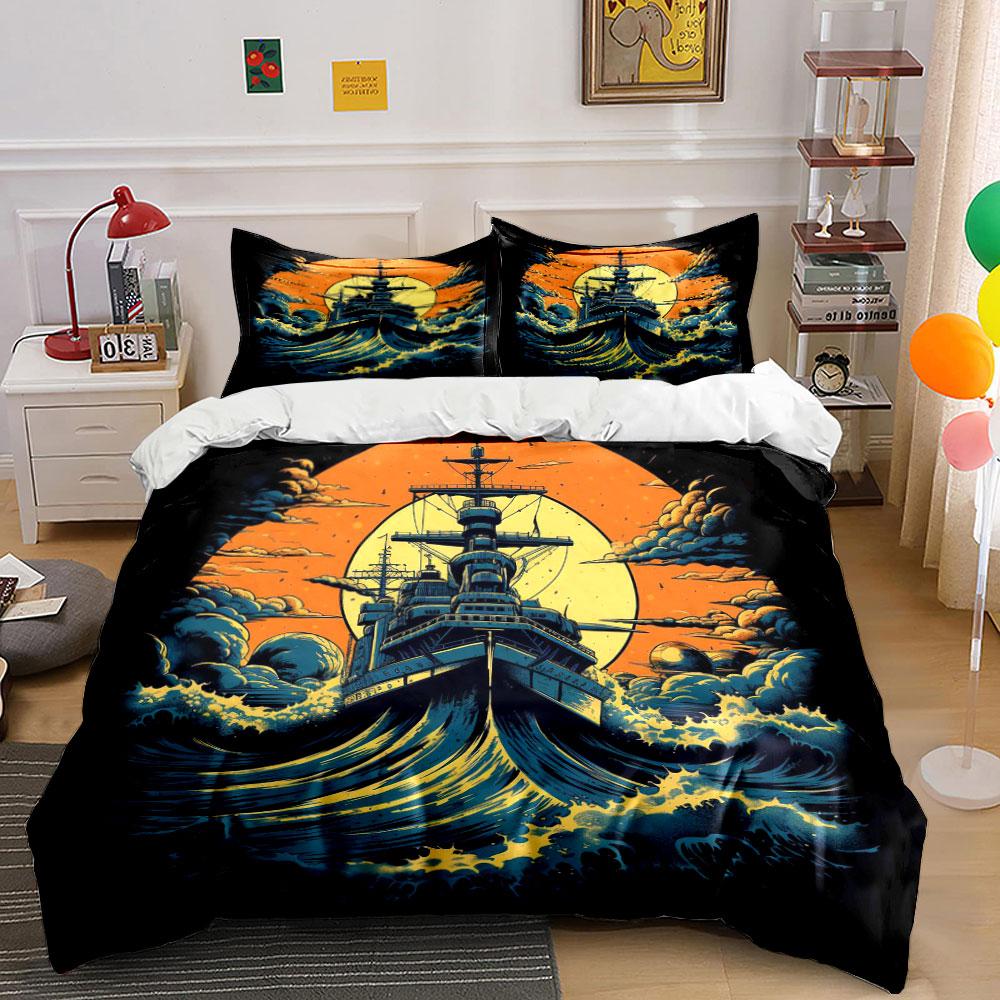 Battleship, ocean waves, sunset. Bedding sets Duvet cover sets Duvet covers Pillowcases(1*Duvet Cover 2*Pillowcases without duvet insert)