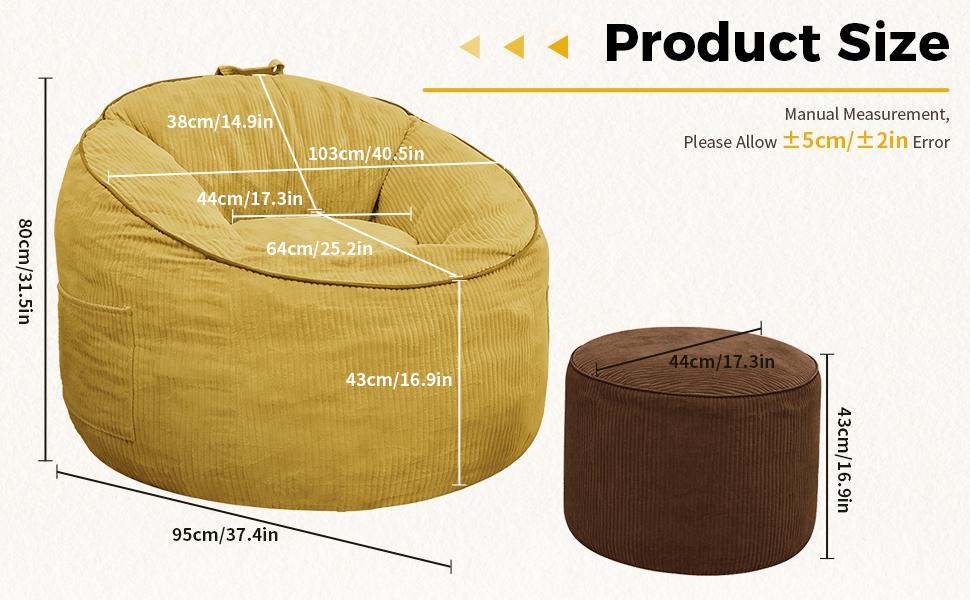 Ergonomic Curved Bean Bag Chair with Detachable Storage Pocket and Matching Cylindrical Ottoman for Modern Home Comfort