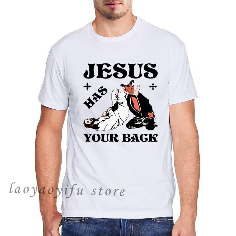 Men Clothing Jesus Has Your Back Jiu Jitsu Vintage Christian Short-sleev Tops Male Kawaii Clothing Oversized T Shirt Ropa Hombre