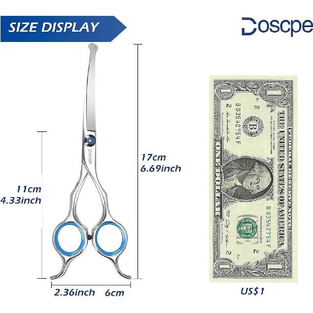 Curved Dog Grooming Scissors 6.69 inches Round Tips Pet Grooming Shears for Dog Cat on Face Paw Hair Trimming Right Left Handed