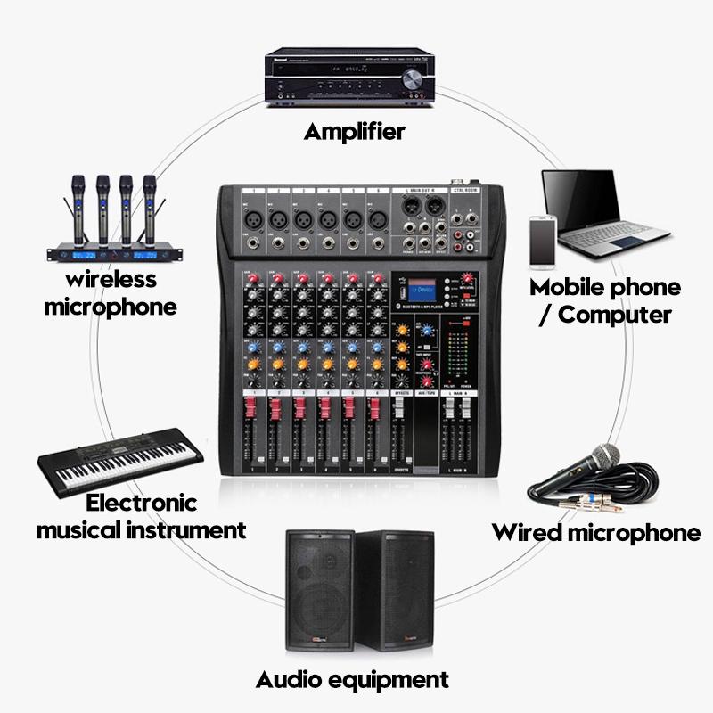USB 6 Channel Live Studio Audio Mixer Bluetooth Console Amplifier DJ Karaoke Mixing Digital Mini Microphone Sound Mixer
