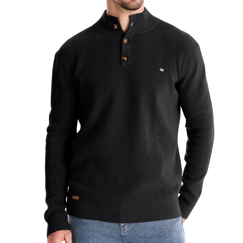 Men's Winter Solid Color Stand Collar Button Slim Fit Long Sleeve Casual Sweater Top