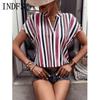 INDFS Женская мода Повседневные Летние Весенние Блузки и Рубашки с Коротким Рукавом и V-образным Вырезом с Полосатым Принтом