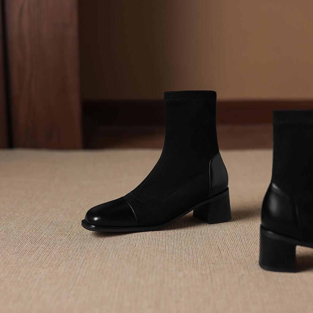 Krazing Pot Микрофибра Флок Квадратный Носок Средний Каблук Эластичные Сапоги Размер 43 Молния Женские Базовый Дизайн Ботильоны