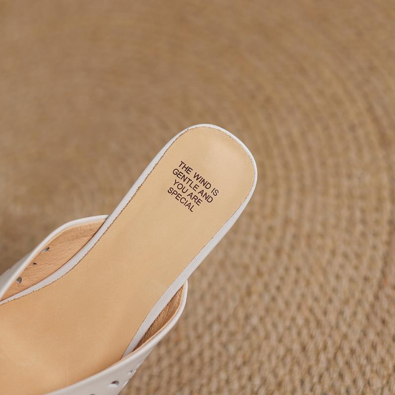 Fashion New Women's Genuine Leather Cowhide Hollow Breathable Square Toe Low Heel Toe Mueller Slippers with Holes In Summer