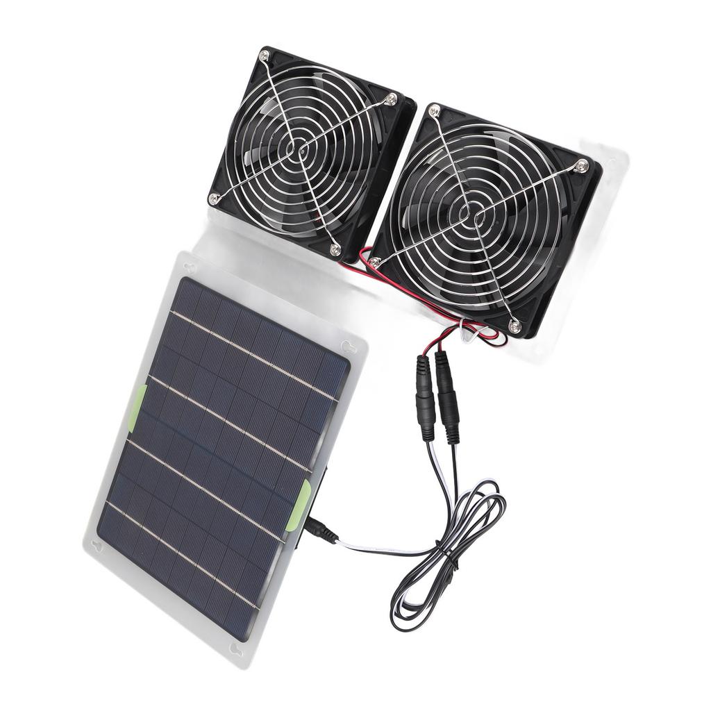 Solar Panel Powered Fan 2 Fans 100W 20V Green Energy Portable Convenient Mini Ventilator for Dog Pet House Greenhouse RV